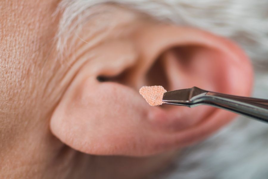oreja de un hombre que realiza una sesión de auriculoterapia